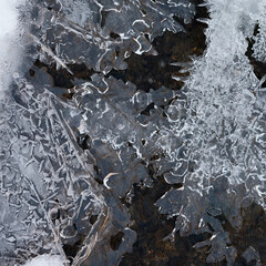 Frozen stream and ice closeup photo. Beautiful winter abstract background in nature. Concept for water and winter time.