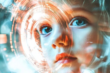 Child looking at futuristic digital interface with augmented reality overlay