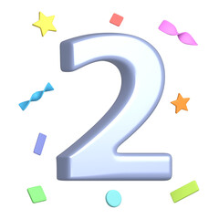 Silver number 2 with confetti on background. Suitable for greeting cards, banners, flyers, postcards, birthday celebration designs. 3d rendering