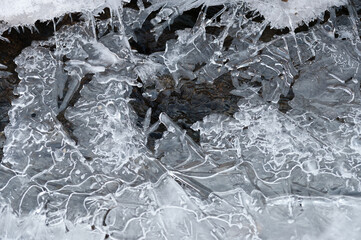 Frozen stream and ice closeup photo. Beautiful winter abstract background in nature. Concept for water and winter time.