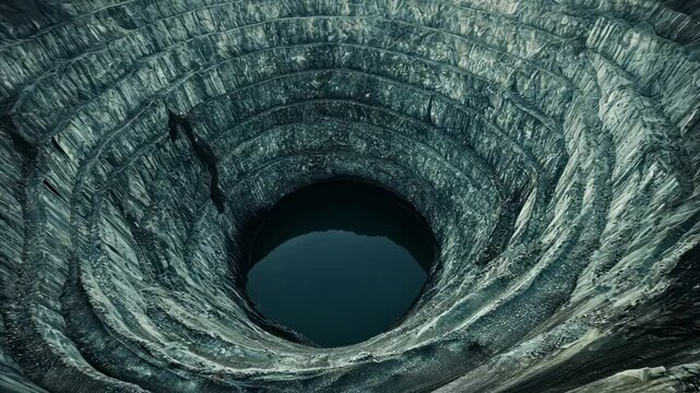 Mirny Diamond Mine: A colossal crater filled with water, a testament to human mining efforts.