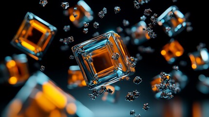 Floating Amber and Teal Cubes: A 3D Render of Abstract Geometric Forms AI Generated