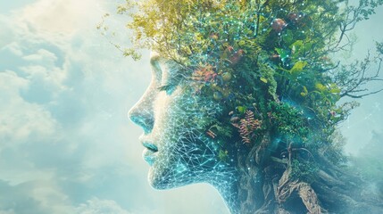 Woman's face integrated with nature, representing harmony with the environment