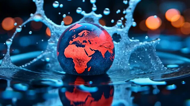 Earth globe in water splash, global issues, abstract background