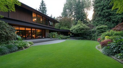 Fototapeta premium Modern home with lush garden at dusk