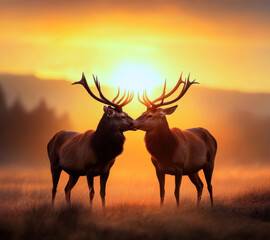 Two majestic deer share a gentle nuzzle as the sun sets behind them, casting a golden glow over the tranquil landscape.