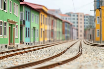 Naklejka premium Colorful houses lining railway tracks in vibrant urban neighborhood creating dynamic and lively cityscape with architectural diversity and cultural charm