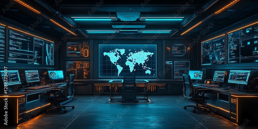 Poster futuristic global monitoring center with world map display