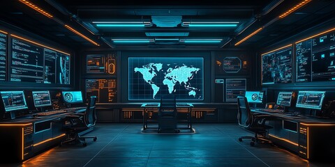 Futuristic Global Monitoring Center with World Map Display