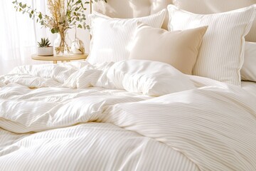 A cozy bed with a plush blanket situated near a window inside, closeup