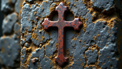 A rusty metal cross with a weathered appearance, suggesting age and perhaps neglect or abandonment.