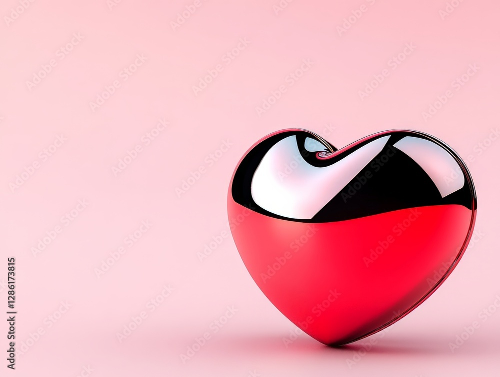 Poster shiny red and black heart shaped glossy object placed against soft pink background creating modern 3