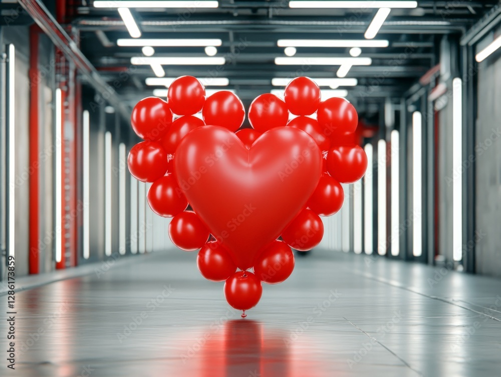 Poster floating cluster of red heart shaped balloons in industrial hallway with strong perspective creating