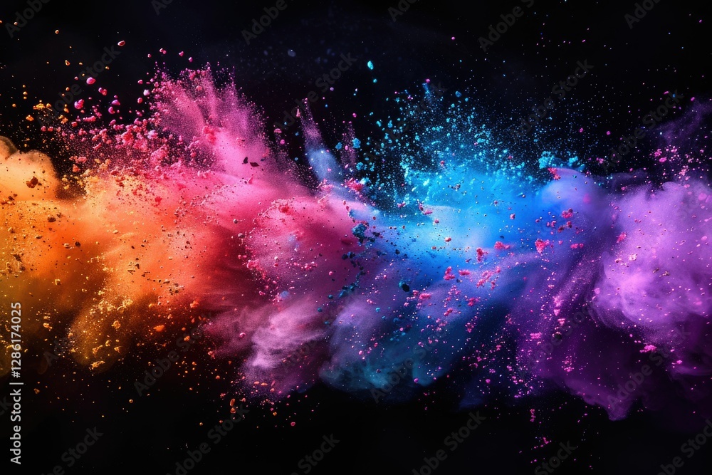 Poster vibrant explosion of colorful powder creating a mesmerizing nebula-like effect against a transparent