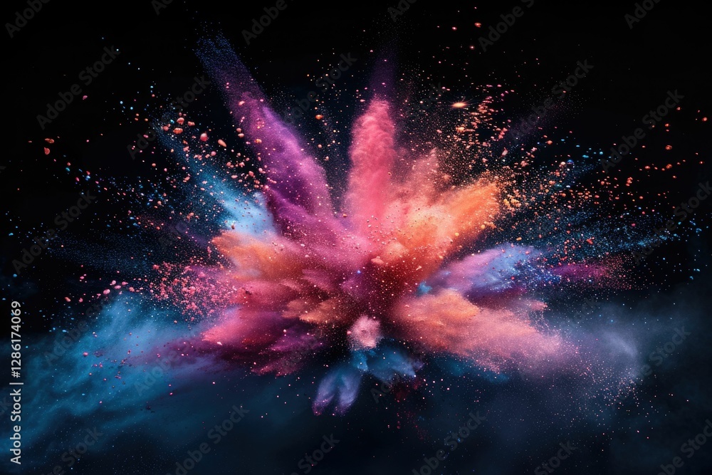 Poster vibrant explosion of colorful powder, creating a mesmerizing nebula-like effect against a transparen