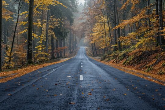 A scenic road winds through an autumnal forest, leaves scattered on the wet asphalt, creating a picturesque view.