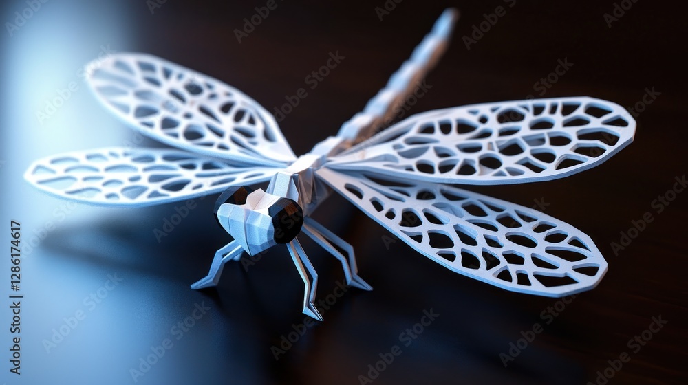 Poster intricate 3d-rendered dragonfly on a dark surface with soft lighting and detailed texture