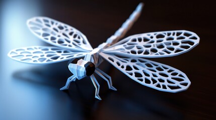 Fototapeta premium Intricate 3D-Rendered Dragonfly on a Dark Surface with Soft Lighting and Detailed Texture