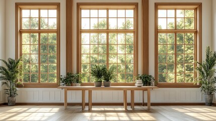 Fototapeta premium Sunlight streams through large windows, wood floors, table, plants