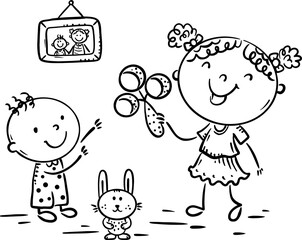 Sister and little brother. Black and white sibling playing with toys together. Vector illustration
