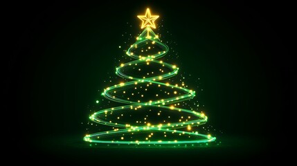A neon green Christmas tree line drawing on a black background, with glowing edges and a star at the top.