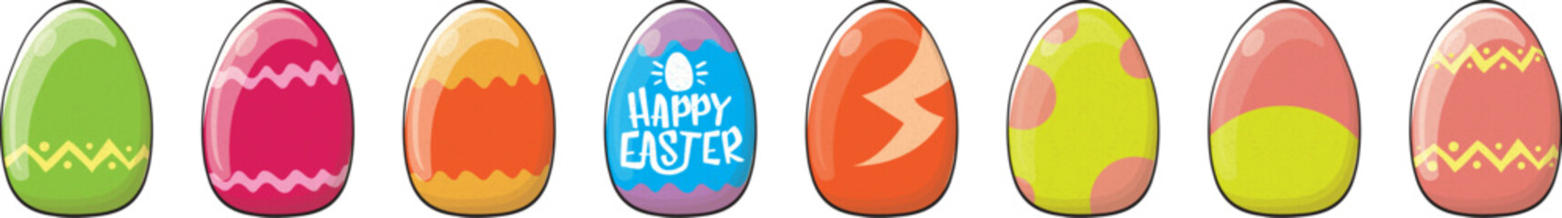 Color hand drawn Easter eggs set with different texture isolated on transparent background. Spring holiday. Vector Illustration. Happy easter egg horizontal banner. Happy easter vector design element