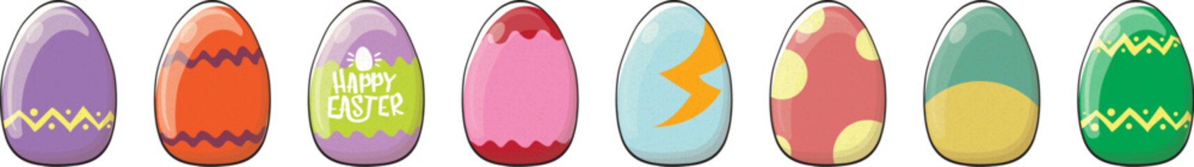 Color hand drawn Easter eggs set with different texture isolated on transparent background. Spring holiday. Vector Illustration. Happy easter egg horizontal banner. Happy easter vector design element