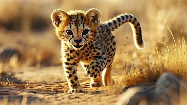 Adorable cheetah cub running through a sun-drenched grassy field, showcasing its markings.