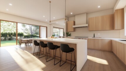 Modern Kitchen, Backyard View, Sunny Day