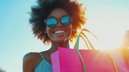 Happy woman in summer with shopping bags on cinematic background holiday season has arrived with discounted products in shopping mall, with bright shining sun