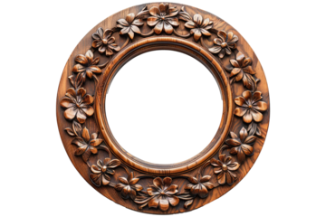 Round wooden frame with carved flowers. Vintage frame or mirror frame with empty space in the center isolated on transparent or white background, PNG. Wood carving