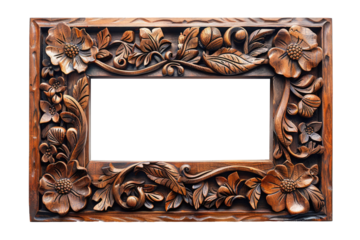 Rectangular wooden frame with carved flowers. Vintage frame with empty space in the center, isolated on transparent or white background, PNG. Wood carving