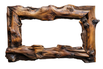 Rectangular vintage wooden frame with empty space in the center, isolated on transparent or white background, PNG.
