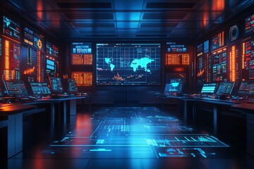 Futuristic Control Room with Global Data Displays and Screens