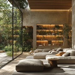 Modern living room with earthy tones, large windows showcasing lush greenery, and built-in shelving.