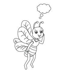 Cute cartoon hand drawn vector thinking bee outline.