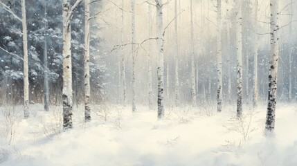 Fototapeta premium Serene winter birch forest scene with snowfall, soft light, and deep snow.