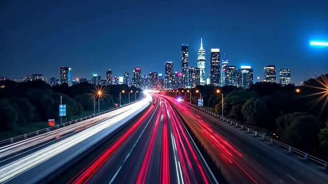 Blurred headlights on the road in a night city, light trail, background at the speed of light. Generative 4k video.