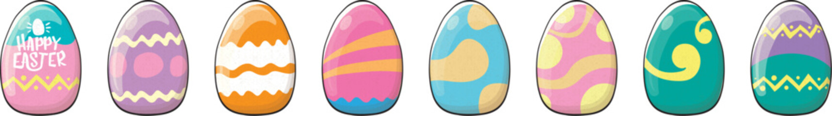 Color hand drawn Easter eggs set with different texture isolated on transparent background. Spring holiday. Vector Illustration. Happy easter egg horizontal banner. Happy easter vector design element