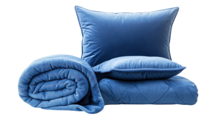 Soft blue bedding set featuring a rolled comforter, square pillow, and flat pillow on a white background