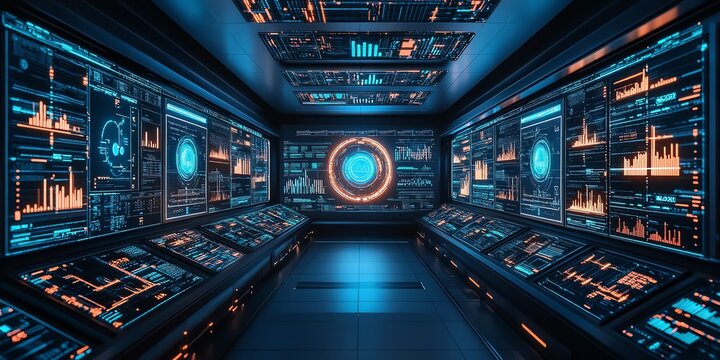 Futuristic Control Room with Data Screens and Interfaces