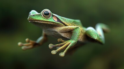 Obraz premium A vibrant green frog leaping through the air in a lush, natural environment, showcasing agility