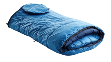 Compact blue sleeping bag designed for outdoor camping and hiking in various weather conditions