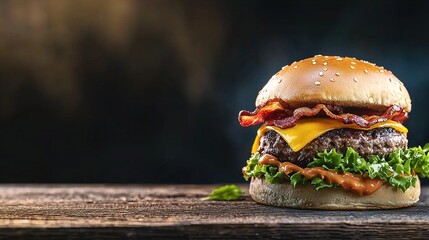 Beef burger with cheese and bacon on a dark background, with copy space for a text banner. A delicious beef hamburger in a bun against an isolated wooden table, with copy space for text and a banner.