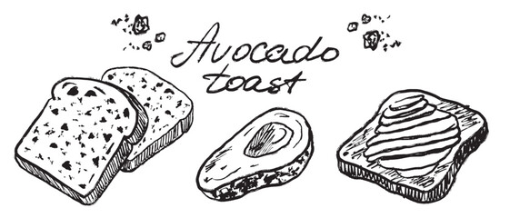 Avocado toast recipe in black brush stroke texture isolated on white background. Hand drawn vector sketch illustration in vintage charcoal ink style. Menu design, recipe, heathy nutrition print