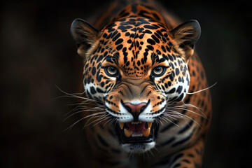 Obraz premium A striking close-up of a jaguar displaying its raw power and beauty, showcasing vivid colors and piercing eyes that convey strength and intensity in its natural habitat.