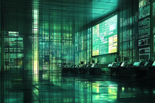 Green Digital Control Room with Data Screens and Workstations