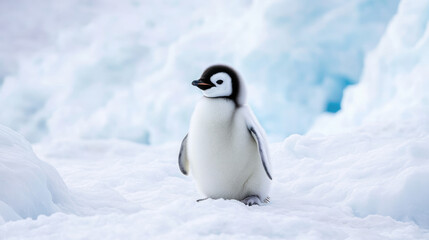 Baby emperor penguin standing on snowy ice
