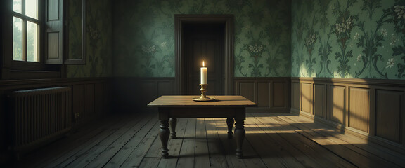Solitary Candlestick Glowing in a Dimly Lit Room Adorned with Vintage Wallpaper and Dark Wooden Panels During Twilight