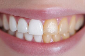 Close-up of a woman's teeth in a dental cleaning concept before and after. Dental whitening concept of a woman's teeth.